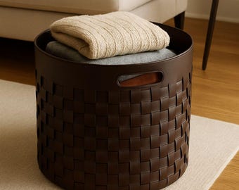 Handmade Leather Storage Basket, Woven Leather Bin, Modern Home Decor Organizer, Laundry Basket, Living Room Storage | Gift for Home