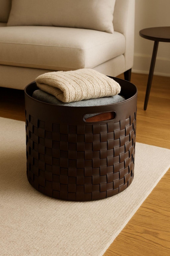 Handmade Leather Storage Basket, Woven Leather Bin, Modern Home Decor Organizer, Laundry Basket, Living Room Storage | Gift for Home