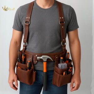 Personalized Leather Tool Belt, Full Grain Brown Leather Tool Carrier Pouches, Hammer Holder, Carpenter, Electrician & Craftsman Work Belt