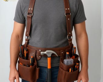 Può includere: Cintura porta attrezzi in pelle marrone con più tasche e bretelle. La cintura contiene vari strumenti, tra cui cacciaviti e un martello. Gli strumenti hanno manici arancioni e neri. La cintura è indossata sopra una maglietta grigia e jeans blu.