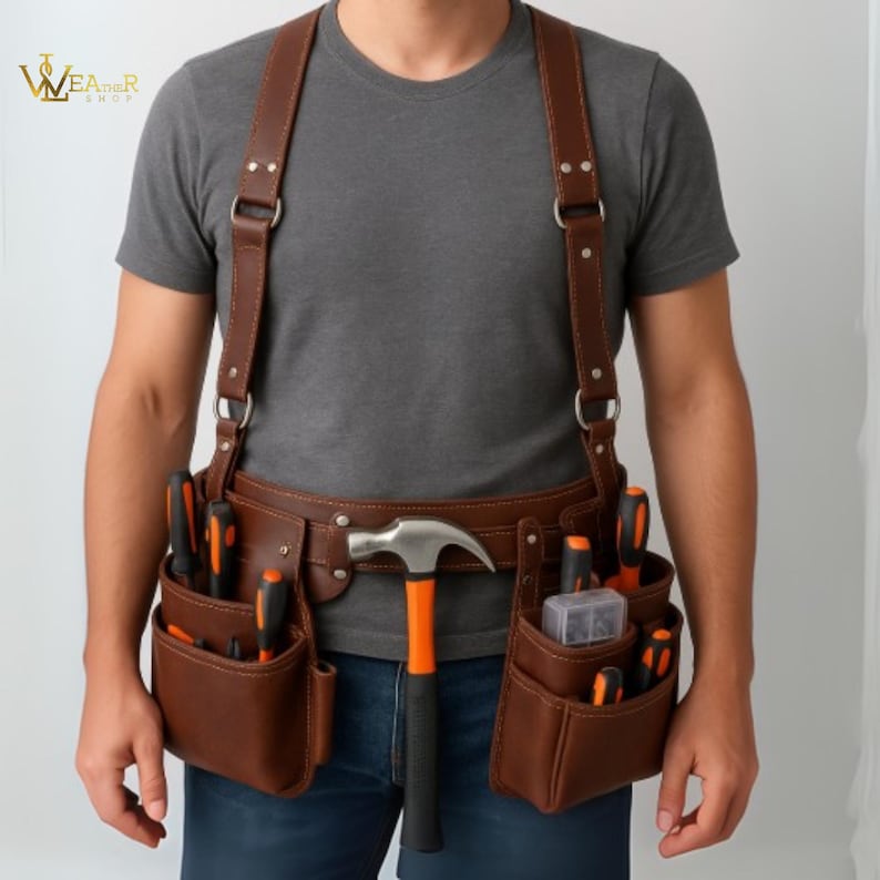 Personalized Leather Tool Belt, Full Grain Brown Leather Tool Carrier Pouches, Hammer Holder, Carpenter, Electrician & Craftsman Work Belt