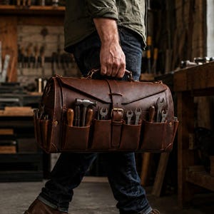 Bolsa de herramientas de cuero, bolsa de herramientas de cuero genuino hecha a mano para carpintero, mecánico y electricista.