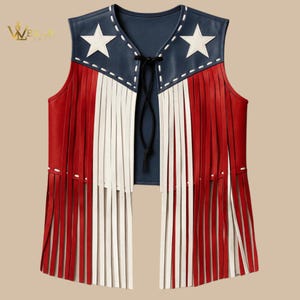 American Flag Fringe Leather Vest, USA Western Rodeo Festival Biker Outfit, Patriotic Red White Blue Star Spangled Costume, Western & cowboy