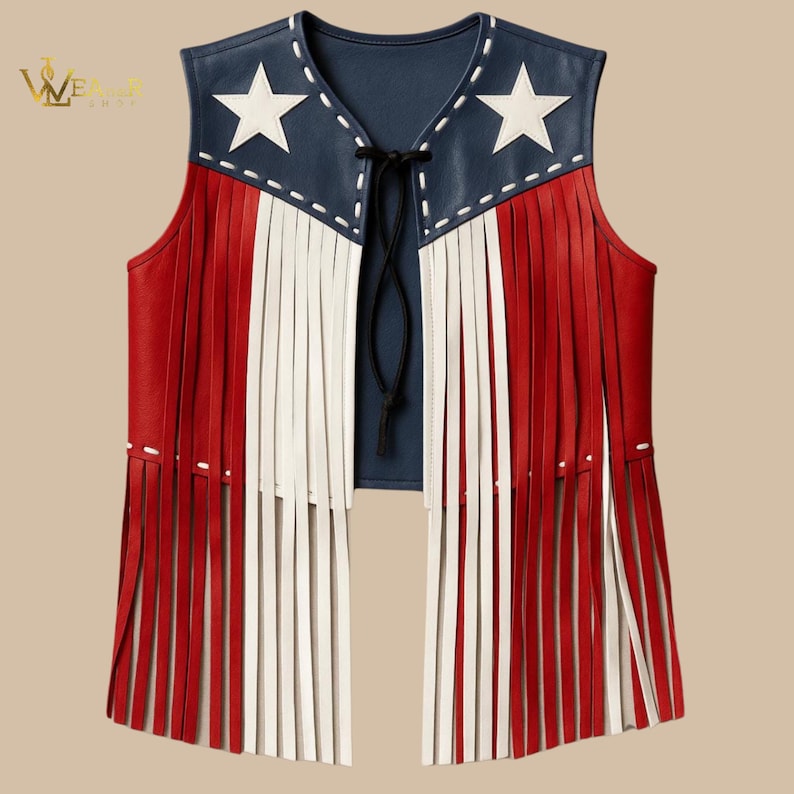 American Flag Fringe Leather Vest, USA Western Rodeo Festival Biker Outfit, Patriotic Red White Blue Star Spangled Costume, Western & cowboy