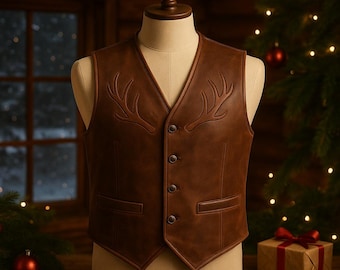 Handcrafted Brown Leather Vest with Antler Design, Men’s Western Cowboy Waistcoat, Rustic Christmas Gift for Him, Vintage Leather Outfit