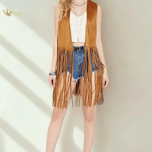 Suede Leather Fringe Vest, Western Style Sleeveless Jacket for Women, Festival Outfit, Brown Boho Duster, Country Rodeo Outfit, gift for her