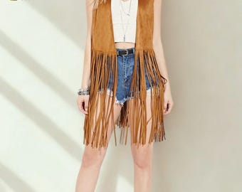 Suède leren vest met franje, mouwloos jack in westerse stijl voor vrouwen, festivaloutfit, bruine bohostofdoek, country rodeo-outfit, cadeau voor haar