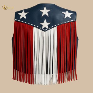 American Flag Fringe Leather Vest, USA Western Rodeo Festival Biker Outfit, Patriotic Red White Blue Star Spangled Costume, Western & cowboy