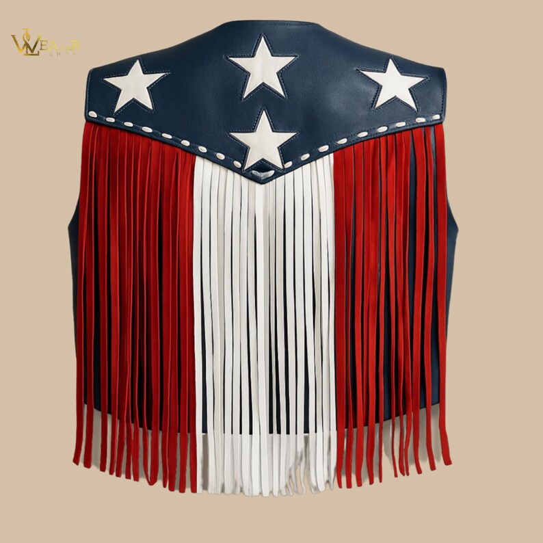 American Flag Fringe Leather Vest, USA Western Rodeo Festival Biker Outfit, Patriotic Red White Blue Star Spangled Costume, Western & cowboy