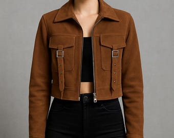 Women Cropped Suede Leather Jacket, Vintage Style Short Coat, Handmade Fall Outerwear, Brown & Burgundy Moto Jacket, Christmas Gift for Her