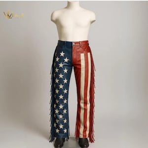 Customize American Flag Leather Fringe Pants, Patriotic USA Western Cowboy Style trouser, Red White Blue Star Stripe Festival cosplay Pants