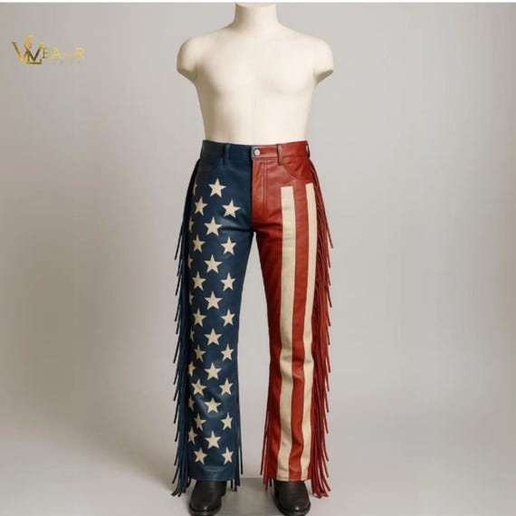 Customize American Flag Leather Fringe Pants, Patriotic USA Western Cowboy carter trouser, Beyonce concert outfit, Festival cosplay Pants