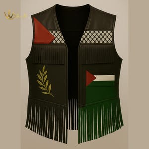 May include: A dark green leather vest with a V-neck design. The vest features red, white, and green accents, fringe detailing, and a gold embroidered olive branch. The vest has a flag design on the front.
