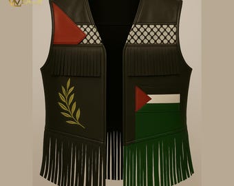 Vintage Palestine Flag unisex Leather Fringe Vest, Handmade Cultural Wear, Red Green Black White Festival Vests, Western Cowboy Fashion gift