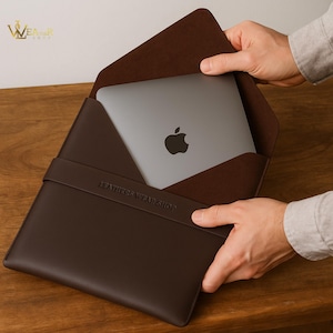 Leather Laptop Sleeve, Personalized Laptop case, Handmade Full Grain Leather MacBook Case,  Embossed Tech Organizer Gift for Him or Her