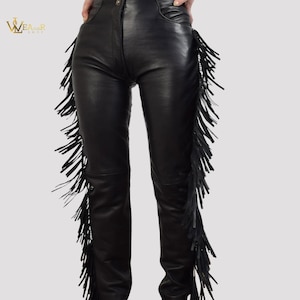 Leather Fringe Pants for Women, Western Style High Waist Biker Pants, Festival, Rodeo pant, Cowgirl Boho Outfit, Party trouser, gift for her