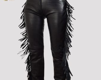 Leather Fringe Pants for Women, Western Style High Waist Biker Pants, Festival, Rodeo pant, Cowgirl Boho Outfit, Party trouser, gift for her