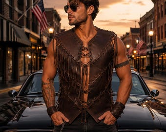 Leren piratenvest voor heren, handgemaakt bruin bikervest met veters, middeleeuwse outfit in Vikingstijl, LARP-kostuum