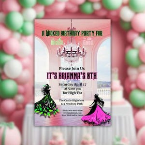 Bearbeitbar Wicked Geburtstag, Einladung Wicked inspiriert, Wicked Party einladen, Wicked inspiriert Film einladen, Elphaba und Glinda Thema