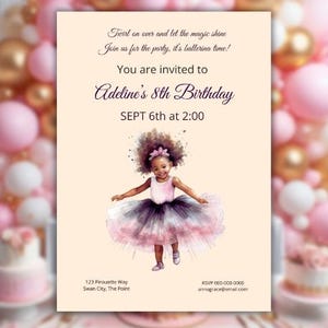 Ballerina Birthday Invitation | Watercolor Dance Party| Purple Tutu | Watercolor| Digital Template | Canva Edit | African American Girl