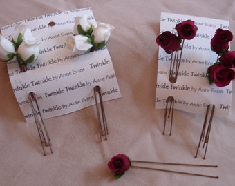 Hairpins - Large fabric White Rosebuds ( set of 6 pins)