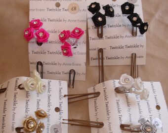 Hairpins Ribbon roses with a diamante centre in Black - set of 6 hairpins