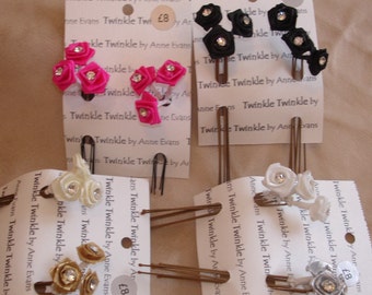 Hairpins Ivory ribbon rose with a diamanted centre - Set of 6 pins