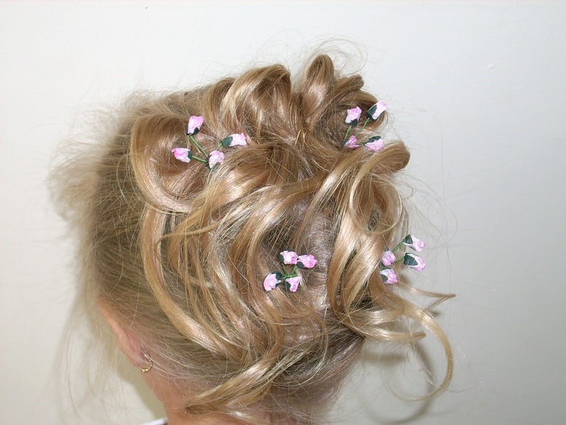 Hairpins Mini paper rosebuds pink set of 4 hairpins image 1