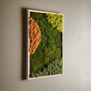 Arte de pared rectangular de musgo de madera, decoración artesanal de musgo de reno preservado, diseño único de musgo de reno.