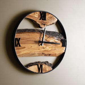 Handcrafted Olive Wood Wall Clock, Metal Frame Wood Clock, Big Wall Decor, Office gifts, Farmhouse Decor, Anniversary Gifts, Live edge clock