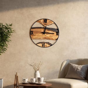 Handcrafted Olive Wood Wall Clock, Metal Frame Wood Clock, Big Wall Decor, Office gifts, Farmhouse Decor, Anniversary Gifts, Live edge clock