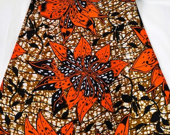 Resztki tkaniny z nadrukiem woskowym, 100% bawełny, sprzedawane na 1/2 jarda (45 cm), nadruk woskowy Ankara, tkanina Ankara, tkaniny woskowe, pomarańczowy nadruk afrykański, złote tło