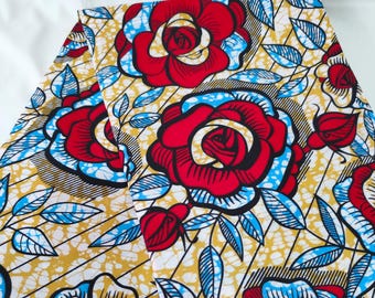 POLYCOTON wax coupon, Wax fabric, Ankara fabric, African print, Wax fabric by 1/2 yard (45 cm) polycotton, red and blue color, floral pattern