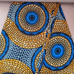 Wax coupon 100% cotton, wax fabric by 1/2 yard (45 cm), ankara wax, ankara fabric, wax fabrics, dark blue African loincloth, gold background, disc