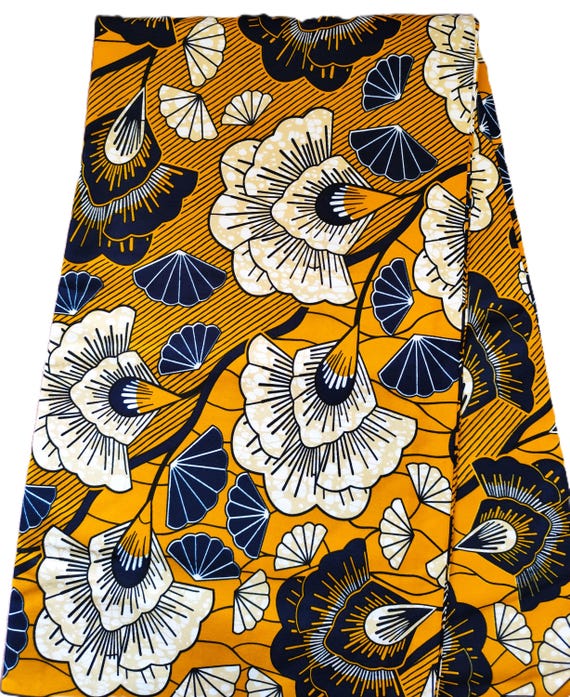Coupon wax POLYCOTON, Tissu Wax, Ankara fabric, African print, par 1/2 yard (45 cm) polycoton, couleur orange, jaune et rouge motif fleuri