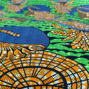 May include: Close-up of a vibrant fabric with a repeating pattern. The design features orange, blue, and green elements. The orange sections have a grid-like pattern with small white dots. The blue sections have a dotted texture. The green sections have a wavy design.
