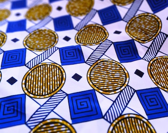 100% cotton wax print fabric coupon, 45 x 116 cm, Ankara wax print, Ankara fabric, Wax fabrics, Blue and gold African print, white background