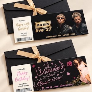 May include: Two rectangular event tickets with black envelopes tied with gold ribbons. One ticket features Oasis live '27 with a photo of the band, the other features Olivia Rodrigo The Unraveled Tour with a photo of the artist and pink text.
