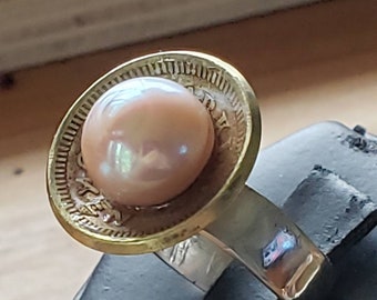 Antique Coin Ring: Pink Baroque Pearl, Sterling Silver Band (Size 7 1/2)