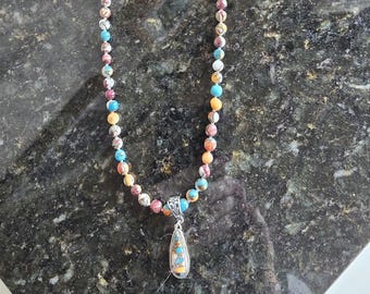Removeable Spiney Oyster and Turquoise Teardrop Pendant on Like Beaded Necklace