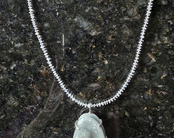 Druzy Caged Setting on an 18" Beaded Moonstone And Sterling Necklace