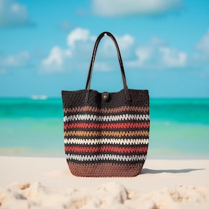 Handcrafted Multi-color Crochet Tote black accents crochet tote bag handmade crochet bag black handles multi-color crochet tote beach black