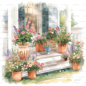 Könnte beinhalten: Aquarellillustration einer Veranda, die mit Topfblumen geschmückt ist. Verschiedene Terrakottatöpfe und eine Holzkiste enthalten bunte Blüten, darunter Rosen, Lavendel und Gänseblümchen. Die Szene spielt vor einem weißen Haus mit Fensterläden und einem Fenster.