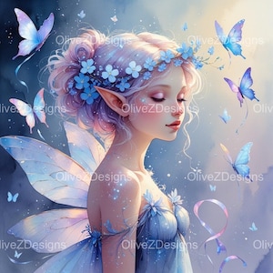 Peut inclure: Illustration numérique d'une fée aux longues oreilles pointues, vêtue d'une robe bleue et d'une couronne de fleurs. La fée a des cheveux roses clairs et est entourée de papillons bleus et violets. L'arrière-plan est un lavis doux de bleus et de violets.