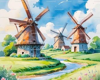 Conjunto de imágenes prediseñadas de molinos de viento en acuarela: 12 imágenes JPG de molinos de viento rústicos de campo, ilustraciones de paisajes holandeses, descarga instantánea.