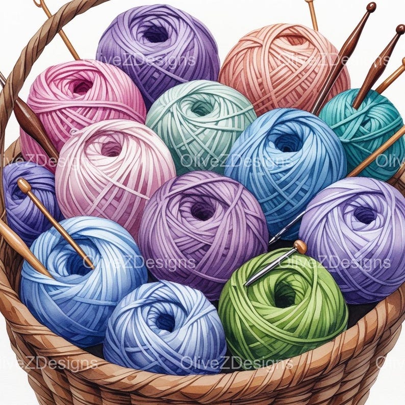 Watercolor Knitting Basket Clipart: Yarn Pngs (digital Download) - Etsy