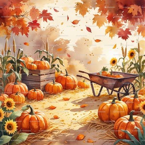 Può includere: Illustrazione ad acquerello di una scena di raccolto autunnale. Le zucche arancioni brillanti sono disposte attorno a una cassa di legno e una carriola. Girasoli e steli di mais incorniciano la scena, con foglie che cadono sullo sfondo.