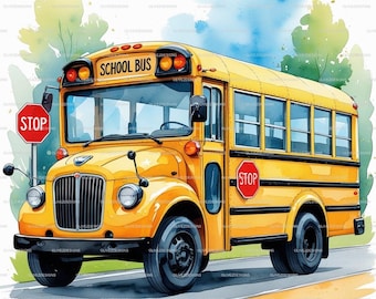 Clipart ad acquerello per il ritorno a scuola, 18 immagini JPG di autobus, download digitale