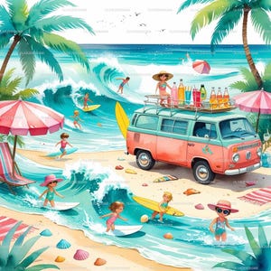 Conjunto de clipart de surfe de verão – 11 imagens JPG em aquarela – Van de praia retrô, prancha de surfe, ondas do mar, palmeiras e garotas de praia – Download digital