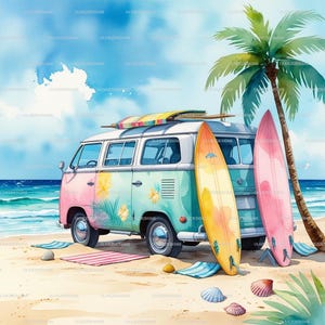 12 camisetas de furgoneta de playa PNG, tabla de surf de verano retro PNG, clipart de acuarela imprimible de Van Life, clipart JPG, descarga digital, bolsas de playa